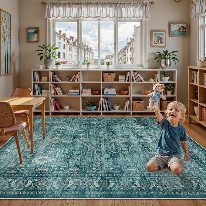 Lahome Vintage 6x9 Washable Blue Rugs for Living Room Bedroom, Soft Dining Room Rugs for Under Table, Non Slip Indoor Throw Carpet for Entryway Kitchen Office (6x9ft,Blue)