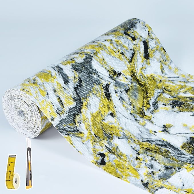Drawer and Shelf Liner - Yellow Black Marble Pattern,Non Adhesive Non Slip Waterproof Easy-Clean Liner for Kitchen Cabinet, Refrigerator, Bathroom, Pantry Storage Drawers, 17 in x 30 Ft