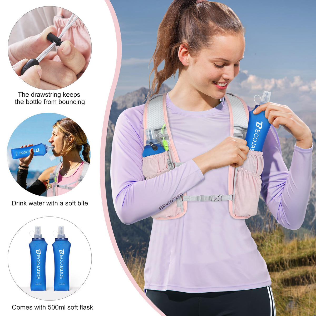 BECOJADDE Running Vest Hydration Backpack with Two 500ML Soft Water Bottles for Men Women, 5L Lightweight Running Pack Hydration for Marathon, Trail, Cycling, Hiking, Jogging Pink