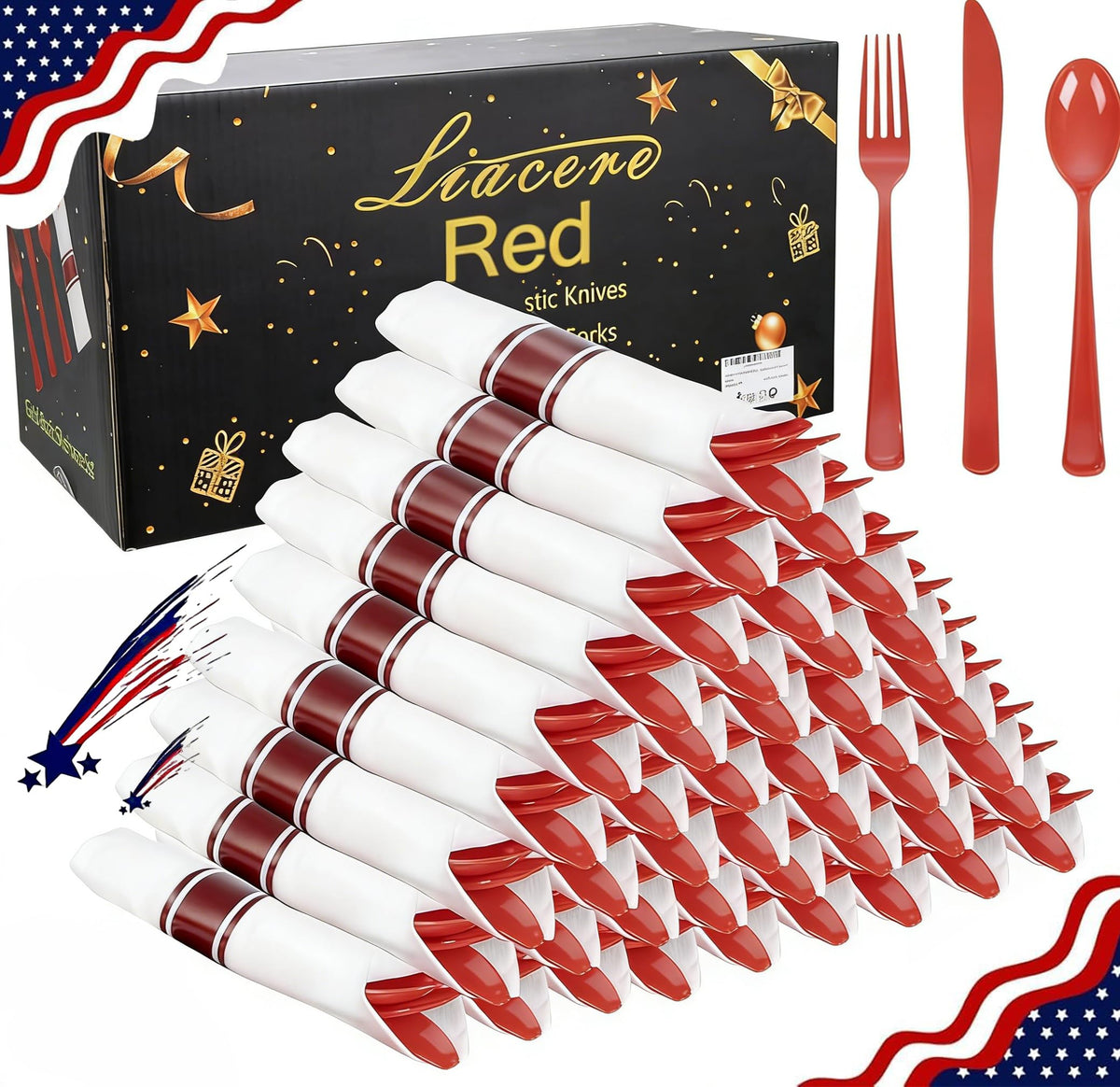 Liacere 400PCS Silver Plastic Silverware - Pre Rolled Napkins Disposable Silver Cutlery-Premium Quality Gold Plastic Utensils - Includes 100Forks,100Knives,100Spoons,100Napkins For Wedding & Party