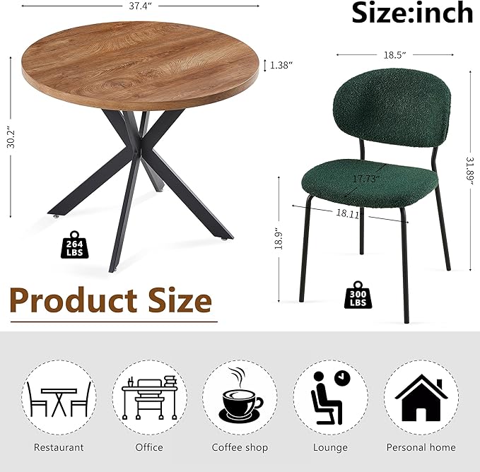 Dining Table Set for 4, Modern 5-Piece Kitchen Table Set, 37" Round MDF Living Coffee Table with 4 Seated Green Boucle Dining Chairs Upholstered, Metal Legs for Dining Hall, Living Room