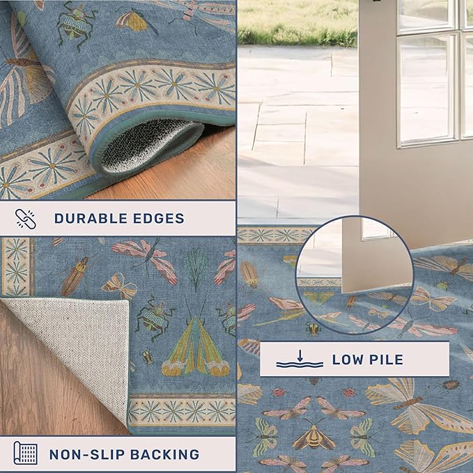 Insect 3x5 Washable Stain Resistant Rugs for Large Kitchen, Ultra Soft Faux Wool Rugs for Kids Bedroom Beside Bed, Non Slip Entry Rug, Low Pile Fade Resistant, Dusty Blue