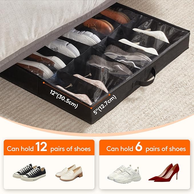 Lifewit Under Bed Shoe Storage Organizer 2 Pack(12 Pairs+4 Pairs), 4.3" Tall Fabric Shoes Container Box, Foldable Closet Shoe Bag with 2 Reinforced Handles and Clear Cover, Black