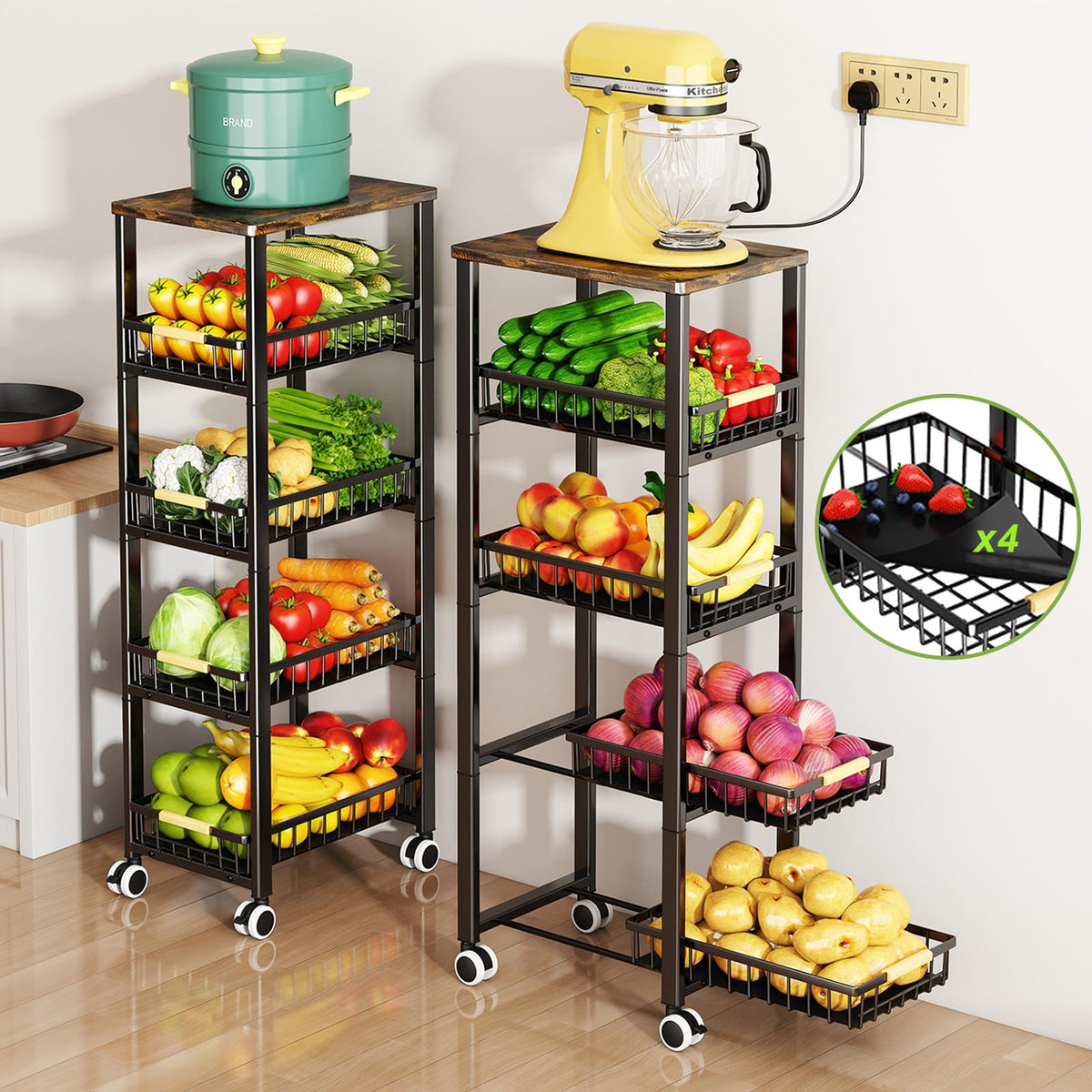 Miyawell Fruit Vegetable Storage Basket for Kitchen - 4 Tier Stackable Metal Wire Baskets Cart with Rolling Wheels Utility Fruits Rack Produce Snack Organizer Bins for Pantry Bathroom Laundry Bronze