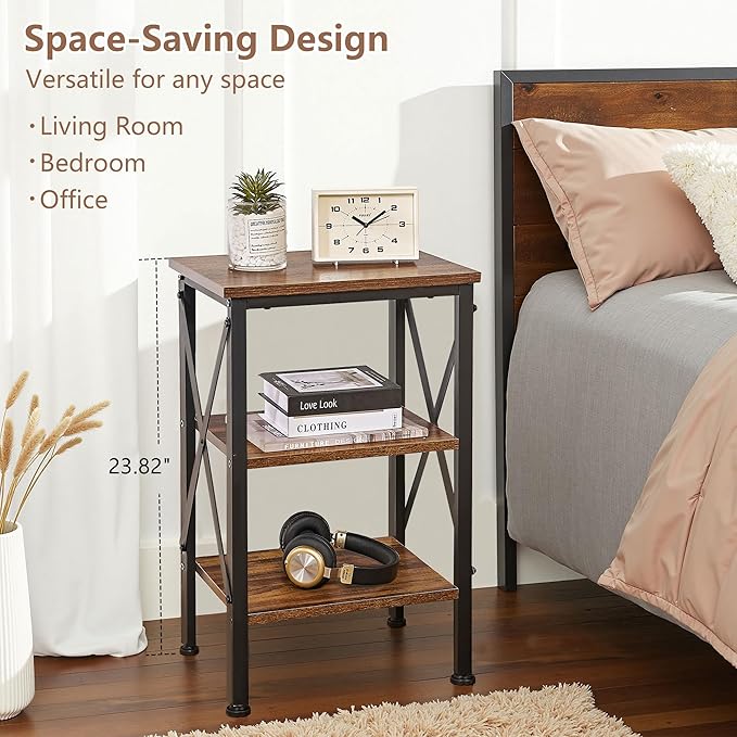 VECELO End Table, Bedside Table, 24" Tall Living Room End Tables, X-Design Reinforced Nightstands, Side Table with 3-Tier Storage Shelves for Small Spaces, Office, Bathroom, Bedroom, Rustic Brown