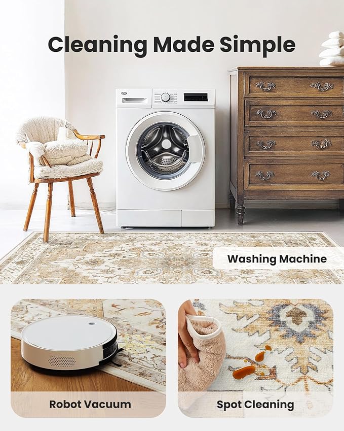 AMADA HOMEFURNISHING 4ft Round Area Rug, Low-Profile Washable 4x4 Rugs with Non-Slip Backing & Durable Edge Binding, Vintage Rug for Kitchen, Bedroom & Hallway, Beige