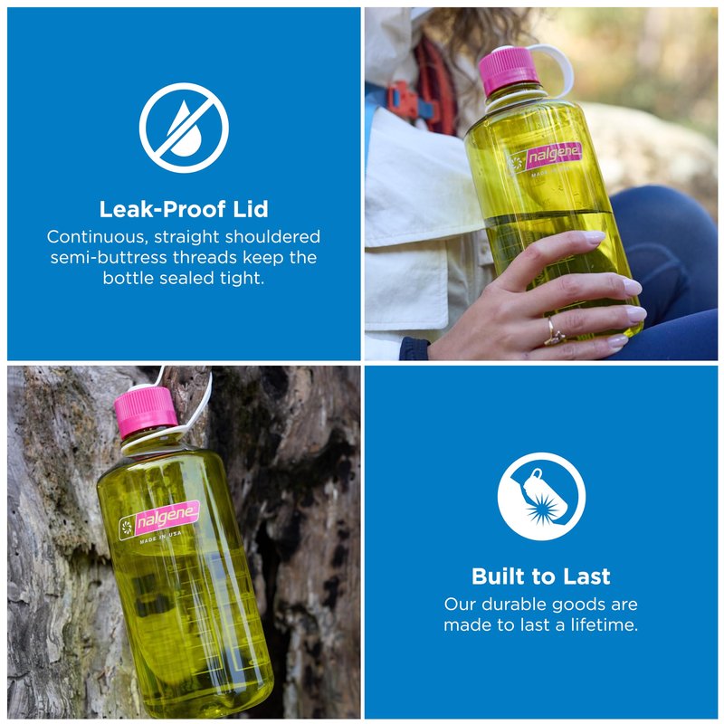 Nalgene 32 oz Narrow Mouth Water Bottle | BPA-Free, Durable & Leak Proof, Lightweight for Hiking & Gym – Thrill & Motion, Endive w/Fuschia Purple
