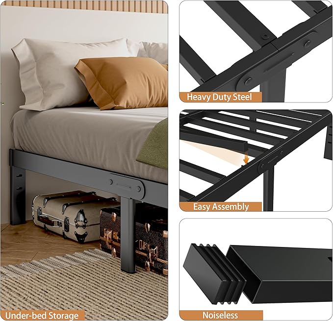 Full Size Bed Frame No Box Spring Needed, 14 Inch Metal Full Bed Frame, DIY Headboard Holes, Heavy Duty Steel Support 3500 LBS, Noiseless, Round Corner Legs, Storage Space, Easy Assembly, Black