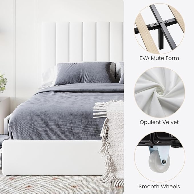SHA CERLIN Queen Size Platform Bed Frame with 4 Storage Drawers, Vertical Channel Tufted Adjustable Headboard, Velvet Upholstered, Wooden Slats Support, No Box Spring Needed, Easy Assembly, White