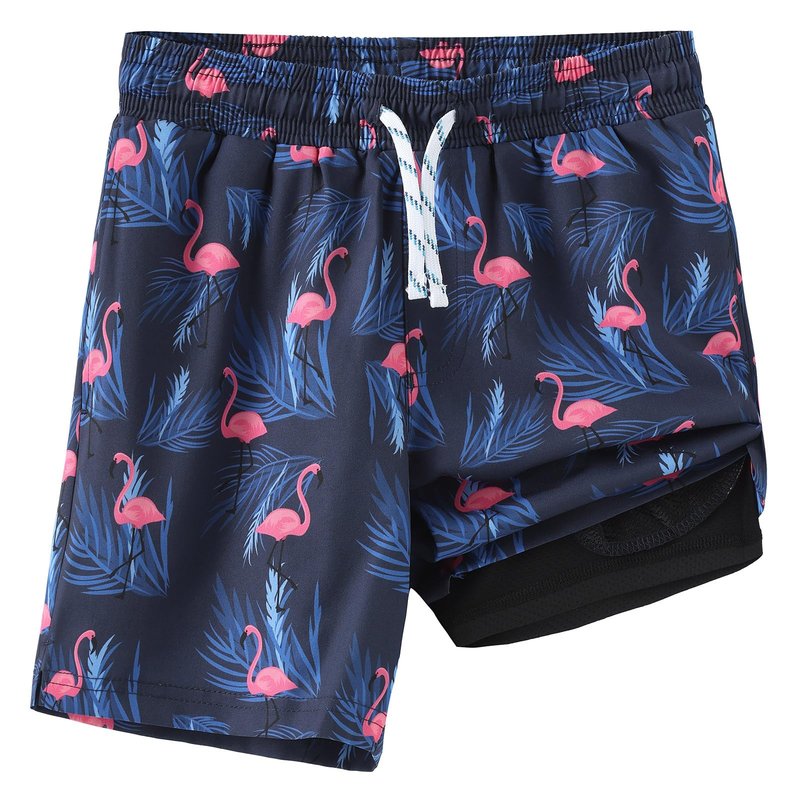 HODOSPORS Boys Swim Trunks with Compression Liner Swimsuit Bathing Suit Toddler Board Shorts Navy Flamingo
