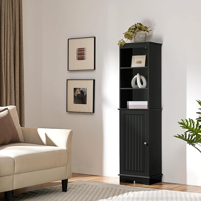 Yaheetech 60.5" Freestanding Bathroom Storage Cabinet, Tall Slim Floor Cabinet with 3 Shelves & Door, Space Saving Organizer, Home Storage Furniture, Black