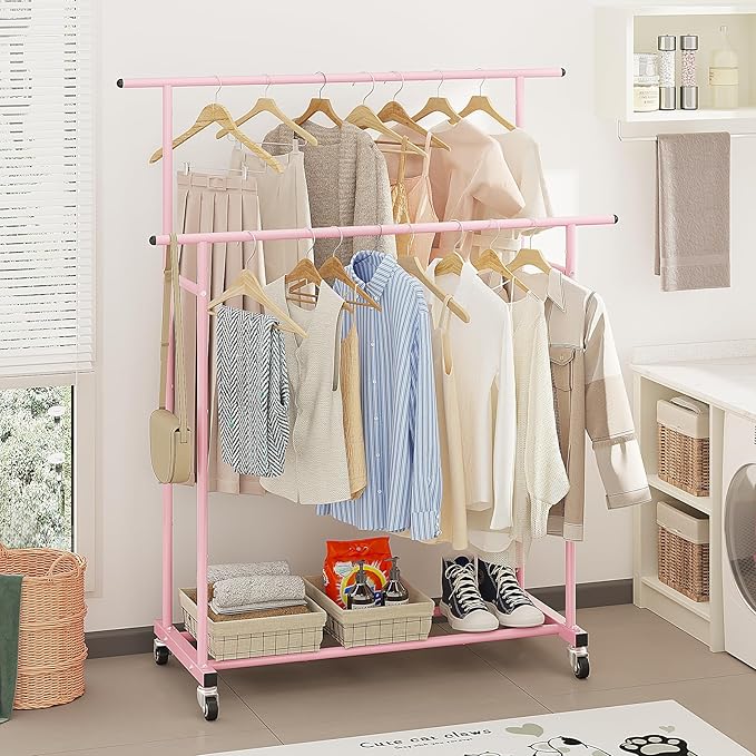 Calmootey Double Rod Clothing Garment Rack,Rolling Hanging Clothes Rack,Portable Clothes Organizer for Bedroom,Living Room,Clothing Store,Pink
