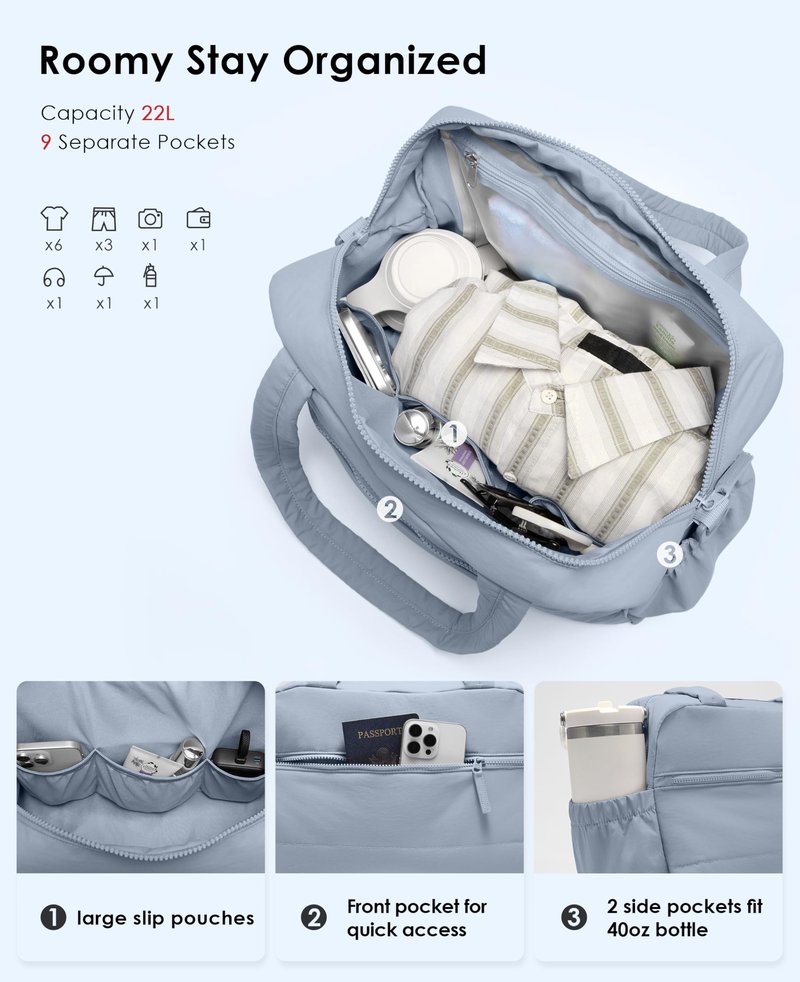 Gym Bag for Women, Travel Duffle Bags with Wet Pocket, Lightweight Carry on Bag Overnight Weekender Duffel Bag, Water Resistant (Haze Blue)