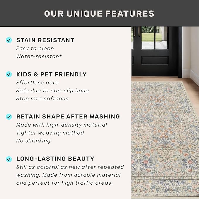 Beige Blue Washable 2'6"x10' Wide Hallway Runners, Kitchen Runner Rug, Non-Slip & Stain Resistant 10ft Long Floor Rug, Retro Lilic Boho Floral Décor