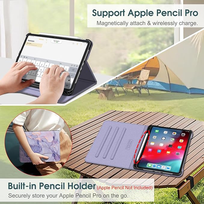 Fintie Folio Case for iPad Pro 11-inch (M5) 2025 / (M4) 2024 - Multiple Angles Viewing Stand Protective Cover with Pencil Holder & Pocket, Auto Wake/Sleep, Lilac Marble