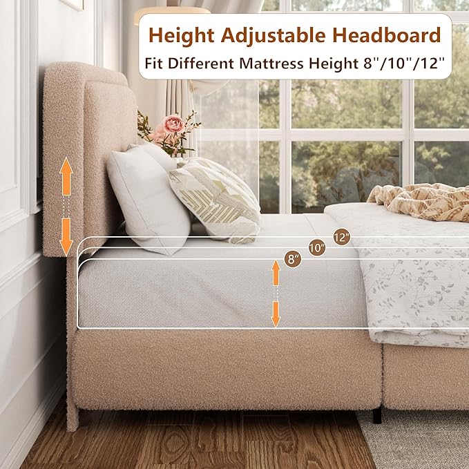 Queen Bed Frame with Headboard Adjustable, Boucle Upholstered Platform Bed Frame Queen Size, Anti-Collision Soft Rounded Corners, No Box Spring Needed, Noise-Free, Easy Assembly, Brown