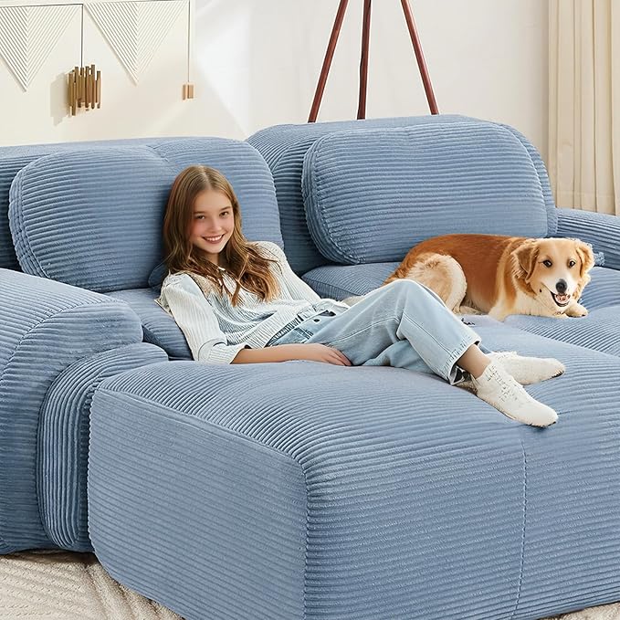 80" Modern Corduroy Boneless Love Seat Couches, 2 Seater Large Sectional Couches for Living Room, Blue Cloud Modular Sectional Sofa, Memory Foam, Extra Deep Loveseat, No Assembly