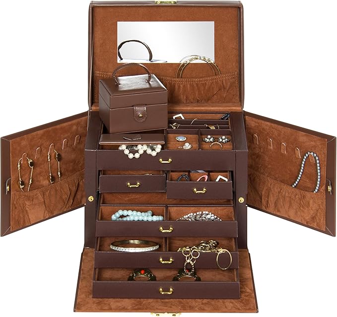 Best Choice Products Leather Collectors Organizer Storage Case for Jewelry Trinkets w/Mini Travel Case, Shelves, Hooks, Drawers, Pockets, Brown