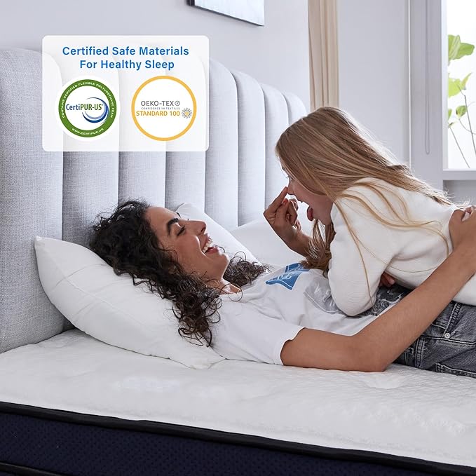 Suiforlun 14 Inch Queen Mattress with Ice Silk Cover, Euro Top Hybrid Gel Memory Foam with 7-Zone Individually Wrapped Coils, Medium Firm Queen Size Mattress for Pressure Relief