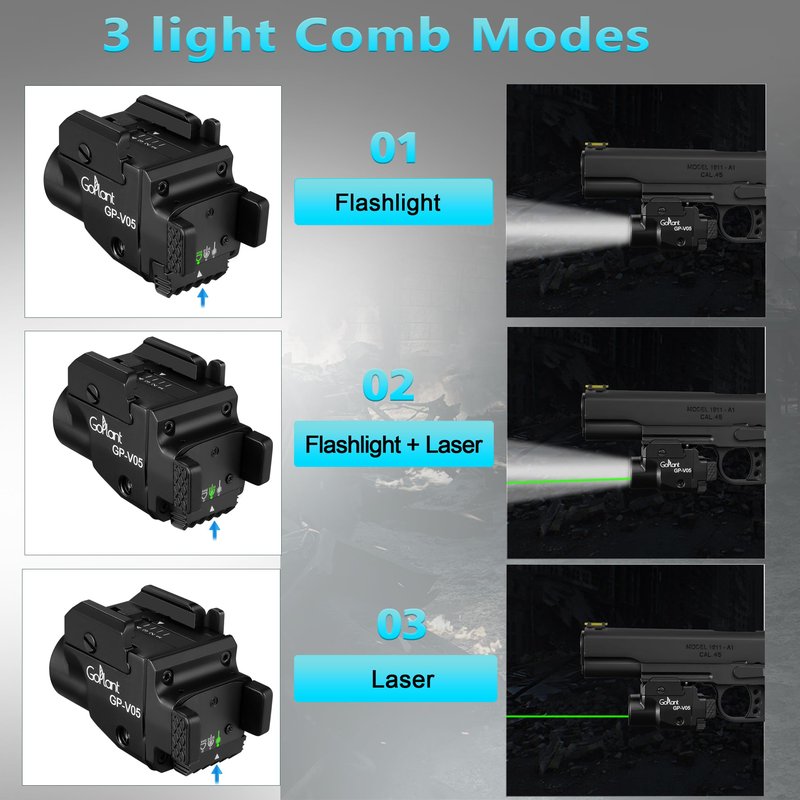 1500 Lumens Aircraft-Grade Aluminum Compact Pistol Flashlight, Picatinny Flashlights Laser Weapon Light, Subcompact Tactical Pistol Lights,Green Laser Light Combo For Handgun, Rechargeable Gun Laser