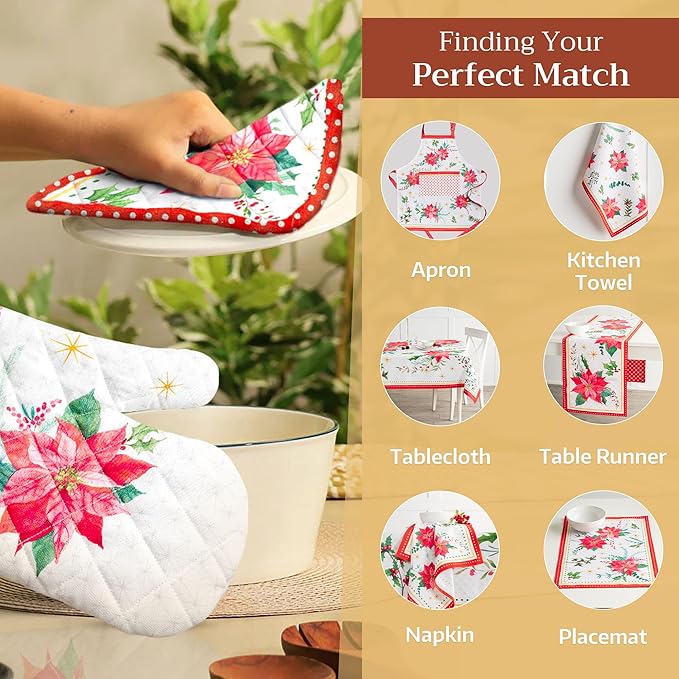 Maison d' Hermine Pot Holders 100% Cotton Heat Resistant Potholders 8" x 8" Hot Pads with Loop for Thanksgiving Christmas Decorations BBQ Cooking Handling Hot Pans (Pack of 1, Poinsettia Christmas)