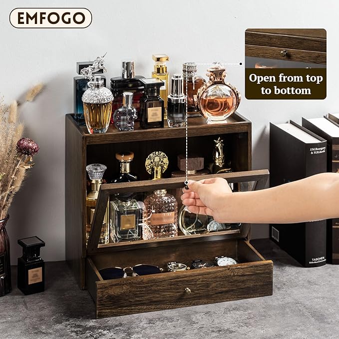 Cologne Organizer for Men, Solid Wood Perfumes Organizer for Men Dresser, Large Capacity Dustproof Cologne Holder with Drawer Storage Perfume Stand Organizer, Ideal Gift for Loved ones