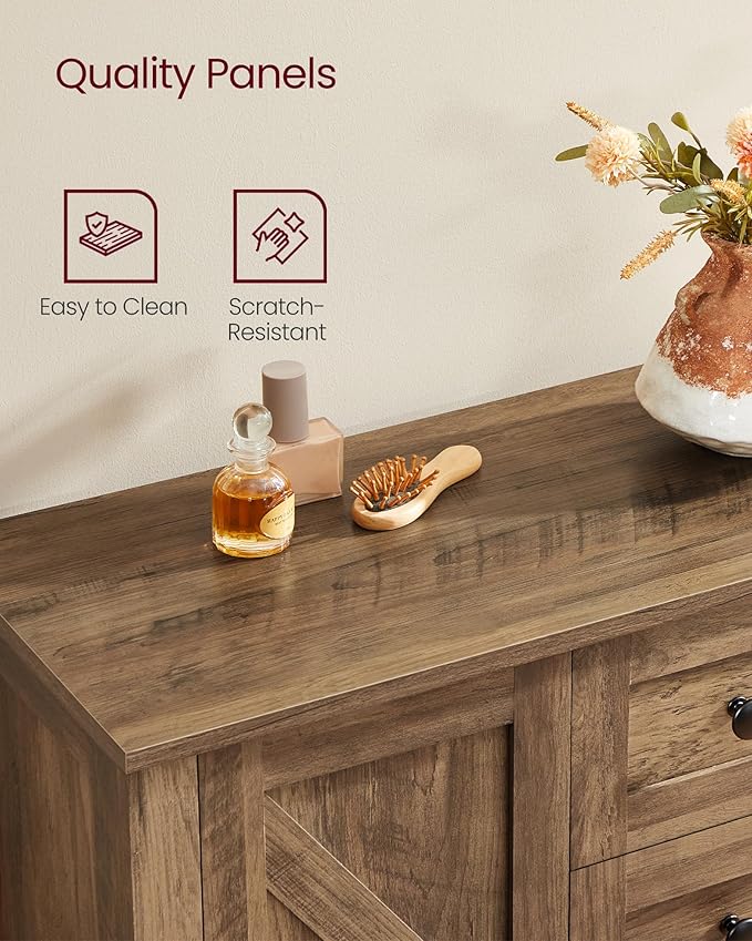 VASAGLE LIRY Collection - Storage Cabinet, Farmhouse Bathroom Floor Cabinet with 4 Drawers, Freestanding Storage Organizer, Barn Door, Adjustable Shelf, Honey Brown, UBBK753K01