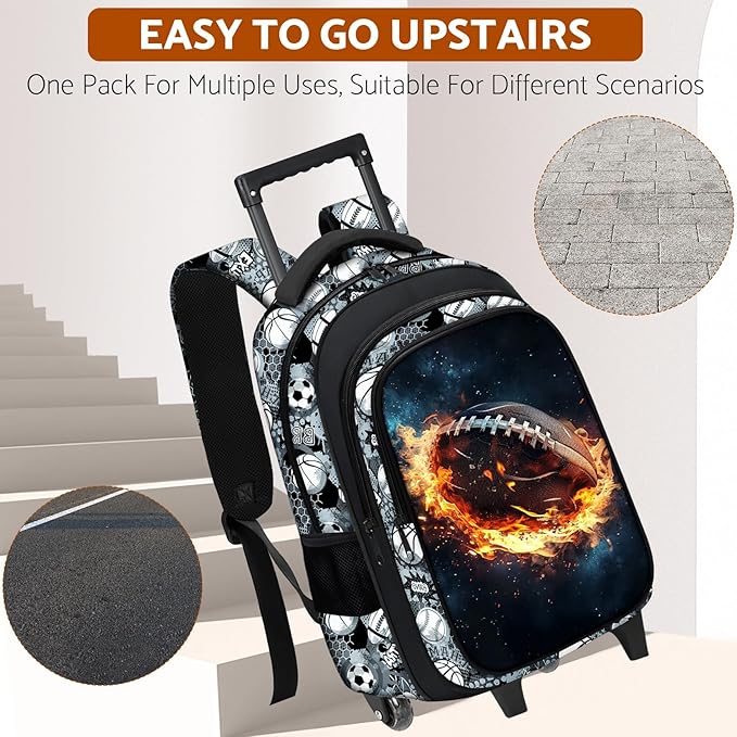 Boys Rolling Backpack for Kids - American Football Kids Rolling Backpack with Wheels for Elementary Middle School Students - Roller School Bookbag Aged 6-18, Wheeled Travel Bag Large Capacity