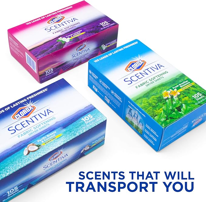 Clorox Scentiva Fabric Softening Dryer Sheets Fabric Sheets in Tuscan Lavender & Jasmine Scent Laundry Dryer Sheets for Fresh & Clean Clothes (Pack of 6, 630 Count Total)