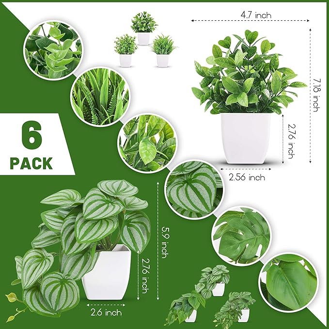 Der Rose 6 Pack Fake Plants Small Artificial Potted Plants Faux Plants for Home Office Desk Bathroom Aesthetic Farmhouse Room Decor Indoor