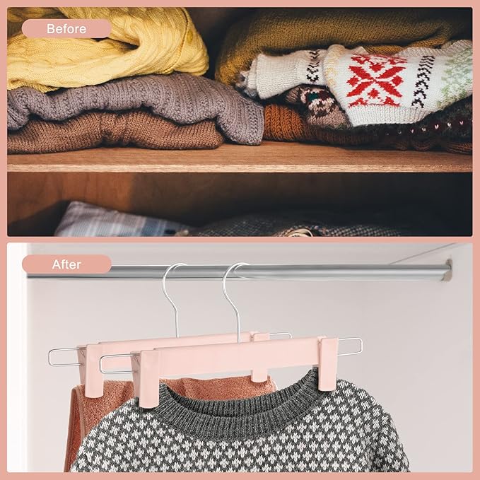 10 Pack Pants Hangers with Adjustable Non-Slip Clips Anti-Rust Hanging Hook for Trouser,Skirts,Jeans,Clothes Hangers Pink