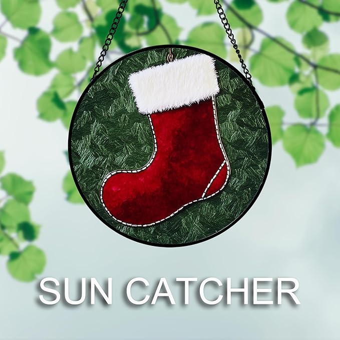 Stained Glass Window Hanging 4 Pcs Set Red Christmas Stockings and Gingerbread Large 11.8" - Suncatcher Door Garden Sun Catcher Decor Birthday Mother's Day Xmas Gifts for Mom Woman Nana Men