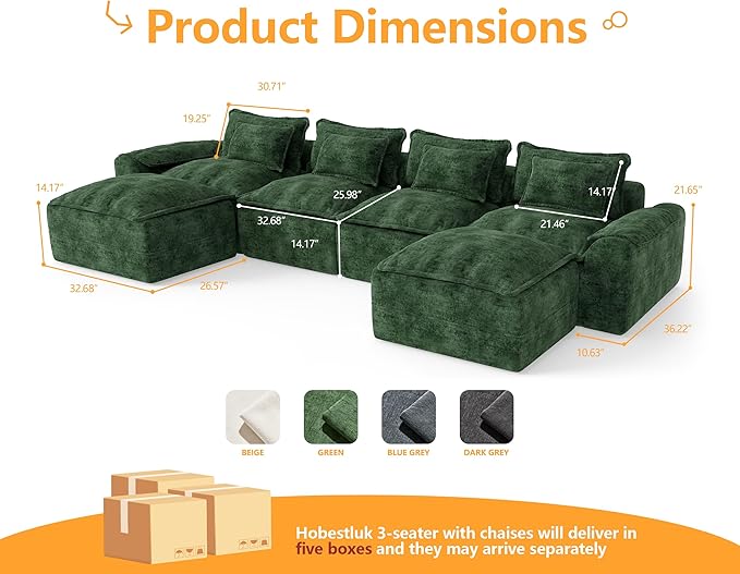 Hobestluk 152" Cloud Modular Sectional Couch 4-Seater Sofa with Ottomans U Shaped Couch Deep Seat Sofa with Removable Cover for Living Room (Green, 4-Seater Sofa with Two Ottomans)