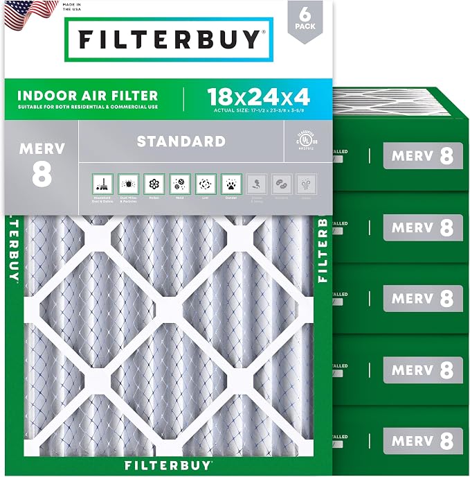 Filterbuy 18x24x4 Air Filter MERV 8 Essential Dust & Allergy Defense,