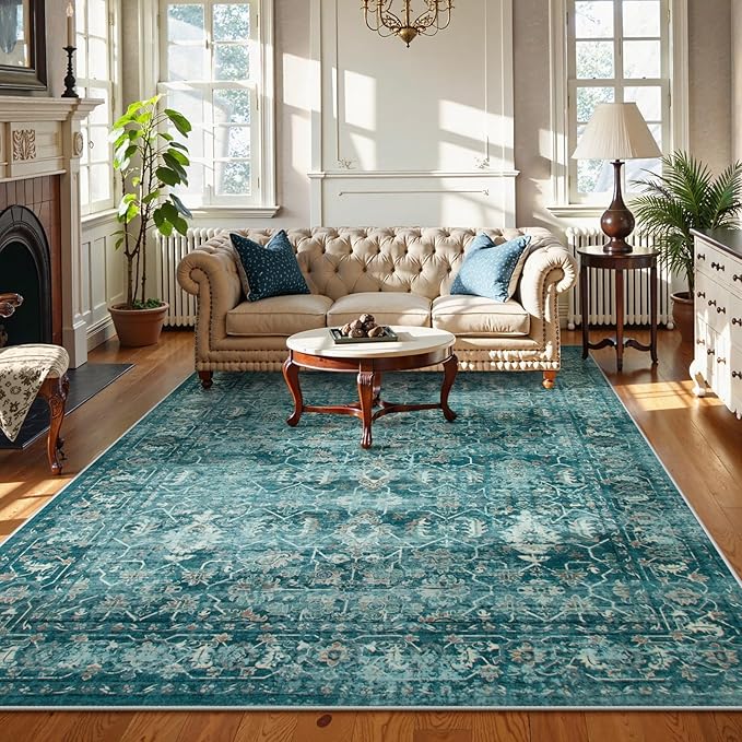 Lahome Vintage 5x7 Washable Blue Rugs for Living Room Bedroom, Soft Dining Room Rugs for Under Table, Non Slip Indoor Throw Carpet for Entryway Kitchen Office (5x7ft,Blue)