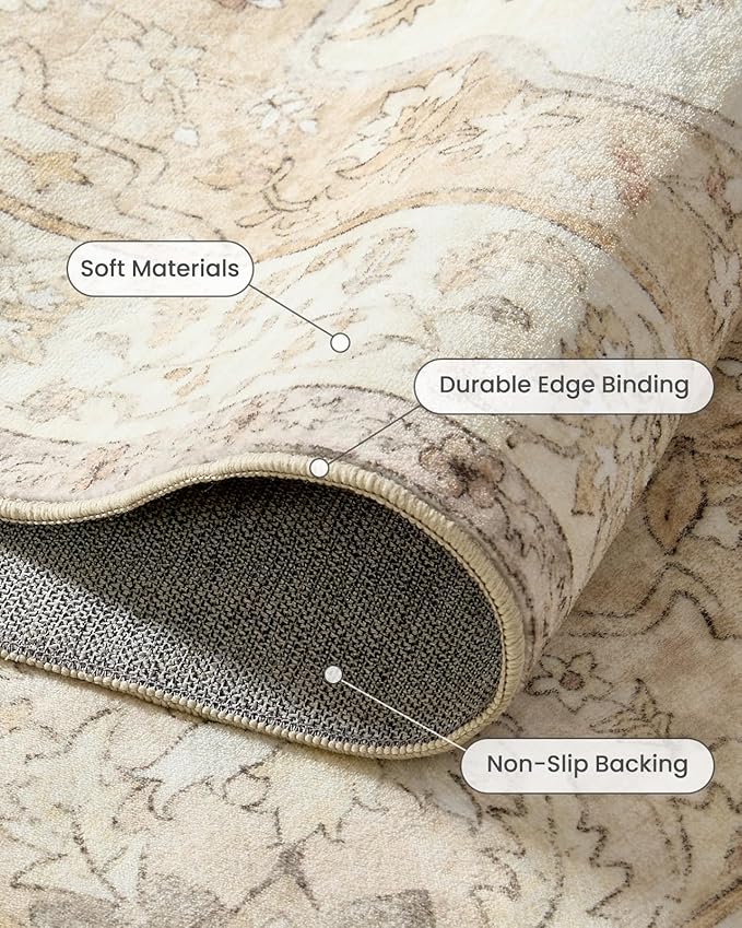 Amada 2x6 Washable Runner Rugs, Non-Slip Kitchen Runner Rug with Low Profile, Durable Bound Edge, Soft Long Vintage Rug for Living Room, Bedroom, Hallway
