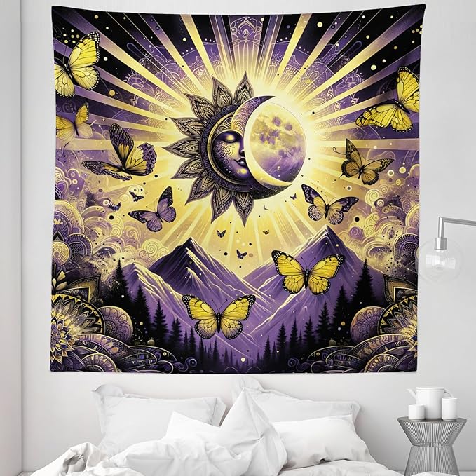 Ambesonne Boho Tapestry Queen Size, Sun and Moon Art Concept Esoteric Mountain Scene with Dancing Butterfly, Wall Hanging Bedspread Bed Cover Wall Decor, 88" X 88", Violet Mustard Dark Grey