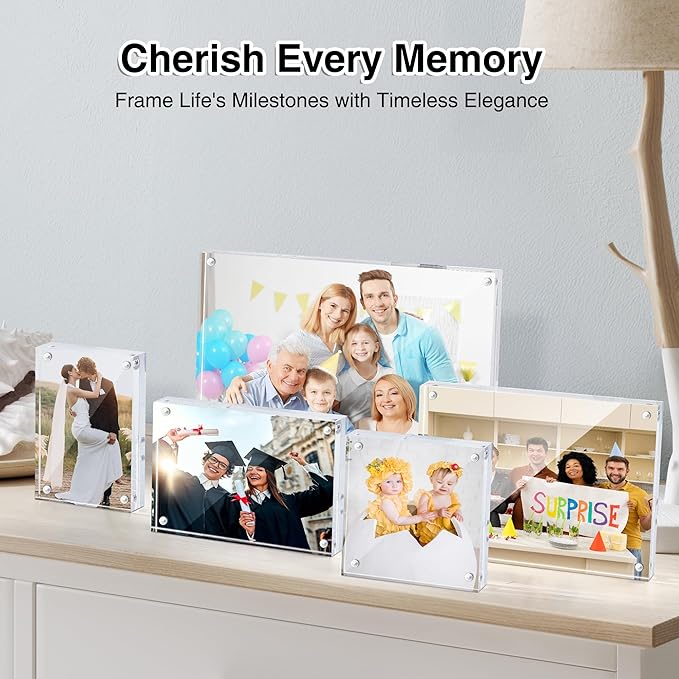 HOUSE DAY Acrylic Picture Frames 4x4, 2 Pack Magnetic 4 x 4 Picture Frame, Double Sided Clear 4x 4 Photo Frame with Microfiber Cloth, Frameless FreeStanding 4x4 Frame Gift for Desktop Display