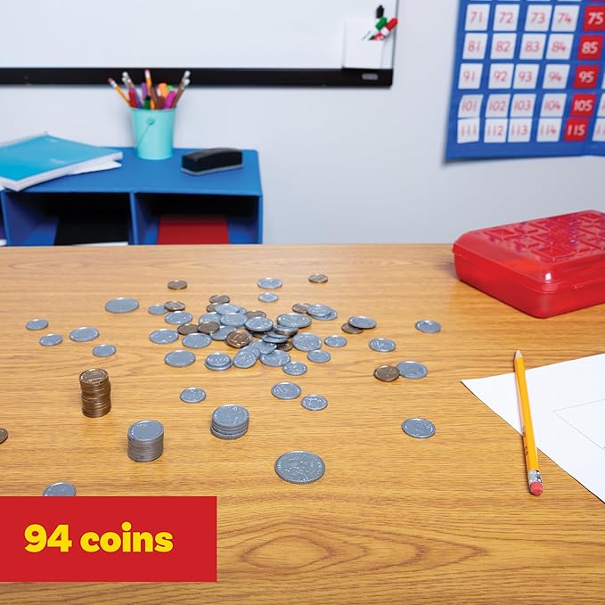 LEARNING ADVANTAGE Play Coin Set - 30 Pennies, 20 Nickels, 20 Dimes, 20 Quarters and 4 Half-Dollars - Realistic Coins for Pretend Play