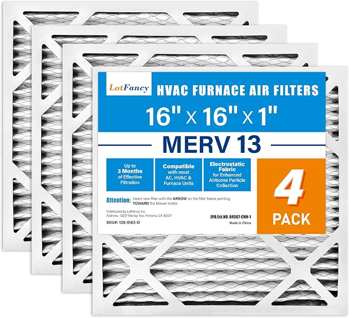 LotFancy 16x16x1 Air Filter MERV 13 4-Pack, Electrostatic Pleated HVAC Furnace