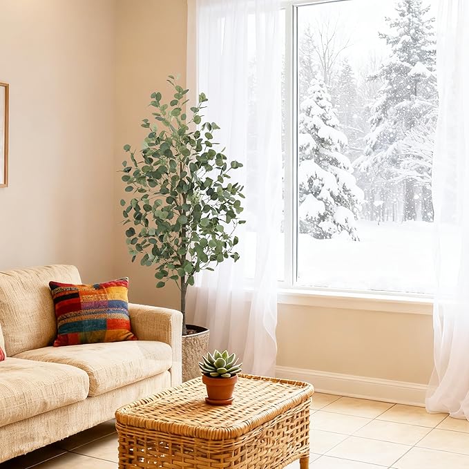 2Packs Faux Eucalyptus Tree 5FT Tall Artificial Eucalyptus Tree Indoor Outdoor, Fake Eucalyptus Plant with Green Silver Dollars Silk Leave, Fake Floor Plants, Present for Friend Housewarming Decor