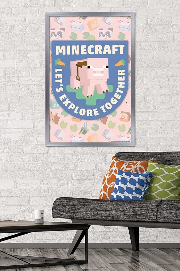 Trends International Minecraft - Let's Explore Together Wall Poster, 34L x 22.4W, Silver Framed Version