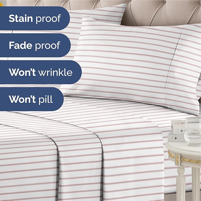 Striped Sheets - Red & White Striped Sheets - 1 Flat & 1 Fitted & 2 Pillowcases w/ Deep Pockets – Wrinkle & Fade Free - Ultra-Soft, Breathable & Cooling – Luxury Pinstripe Bedding - King Size Bed Set