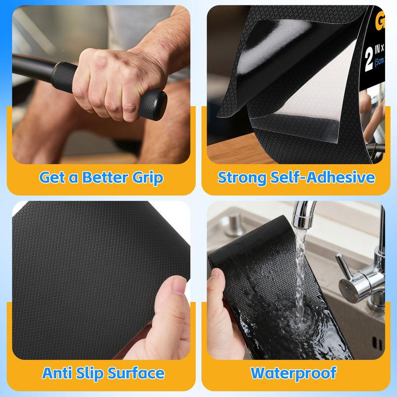 Xfenvs Rubber Grip Tape, 4 in x 12 Ft Black Ultra-Thin Strong Adhesive Non-Slip Tape, Anti-Slip Grip Tape for Handles, Waterproof Heat Resistant Cushion Grip, Comfortable in Hands
