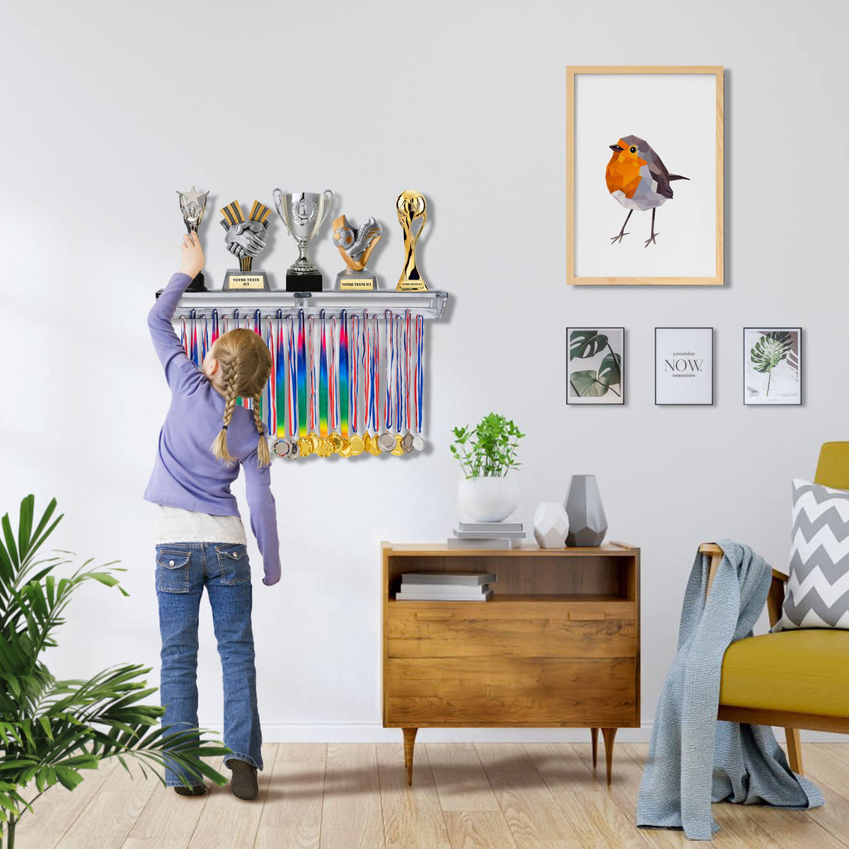 LAVIEVERT Gymnastic Medal Hanger with Storage Shelf, Wooden Wall-Mounted Trophy Shelf, Race Medal Display Rack Holder with 23 Hanging Bars - White