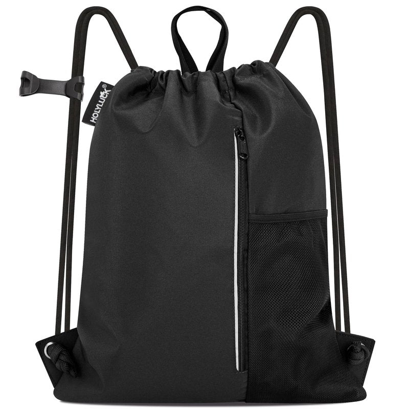 HOLYLUCK Men & Women Outdoor Sport Gym Sack Waterproof Drawstring Backpack Bag (Drawstring With Side Mesh Pocket, Black)
