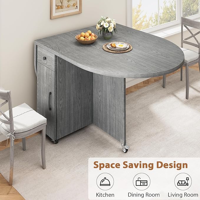 Folding Dining Table for 4 Kitchen Dining Room DinnerTable with Storage Drawer Space Saving Oval Foldable Drop Leaf Gateleg Furniture for Small Space (Grey, 47 * 23.6 * 30)