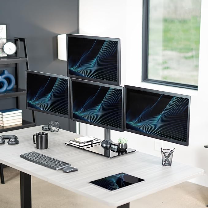 VIVO Black Steel Quad Freestanding LED LCD Computer Monitor, Heavy Duty 3 plus 1 Fully Adjustable Stand with Base, Holds 4 Screens up to 24 inches, STAND-V004TG