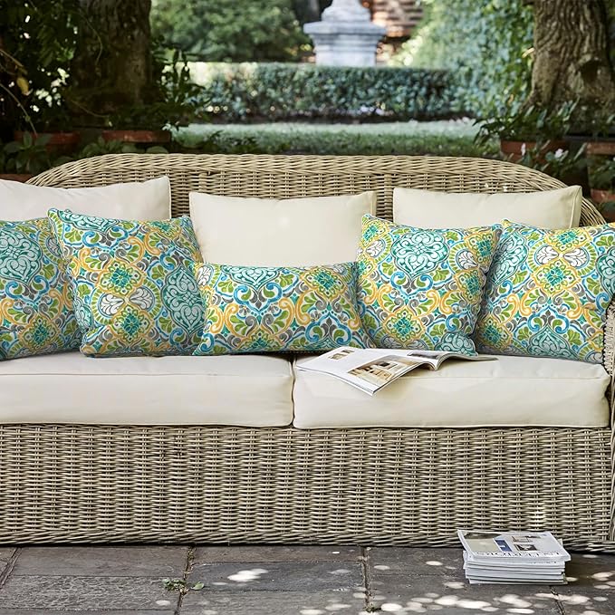 LVTXIII Outdoor/Indoor Throw Pillows, Decorative Patio Accent Pillows, Fluffy Water Repellent Garden Cushions for Home Patio Coach Sofa Use, 16×16 Inch, Pack of 2, Damask Green