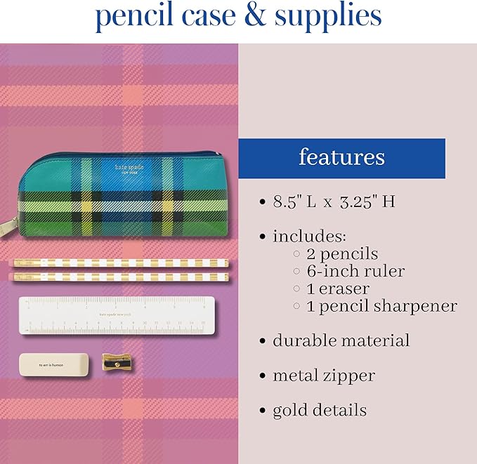 kate spade new york Pen and Pencil Case with Office Supplies, Zip Pouch Includes 2 Pencils, Sharpener, Eraser, and Ruler, Grand Plaid Duo